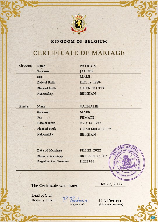 Download Belgium marriage certificate PSD template Photoshop template
